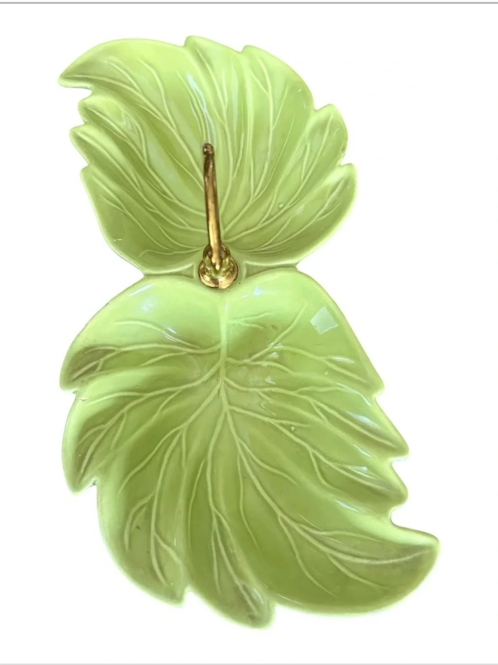 Vintage USA Ceramic Double Leaf Relish Candy Nut Dish Gold Handle Lime Green